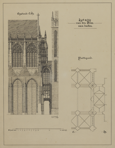 216357 Afbeelding van de Domkerk te Utrecht; met weergave van het in 1674 ingestorte gedeelte: plattegrond met ...